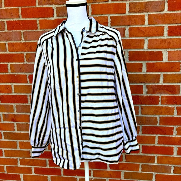 Versona Black Tan White Striped Long Sleeve Button Front Top Womens Medium - Picture 1 of 6